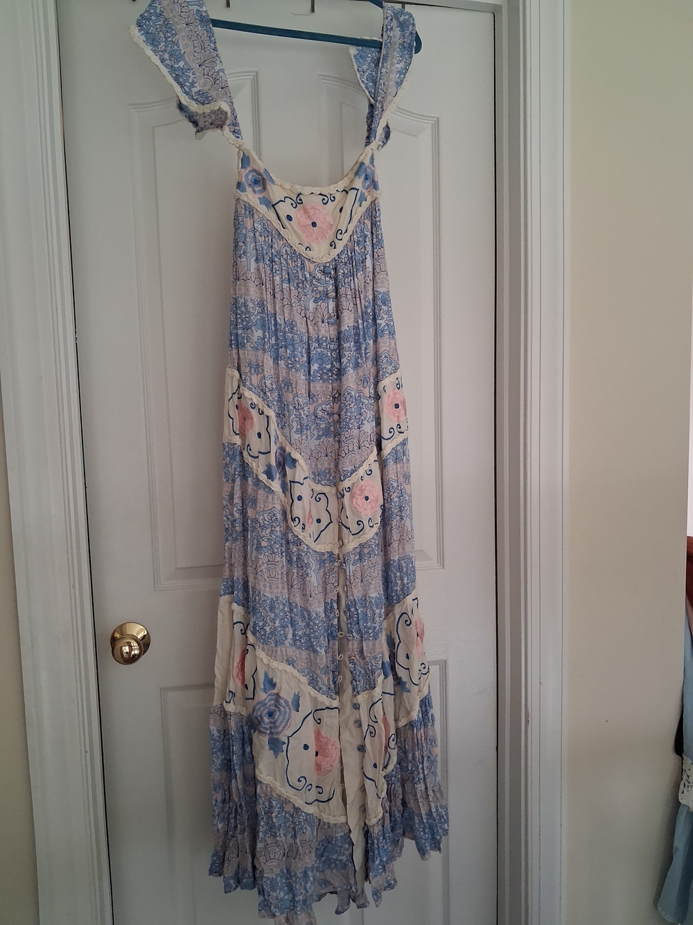 Htf Fillyboo Blue and Cream Floral Tiered Maxi Dress Free People Rare